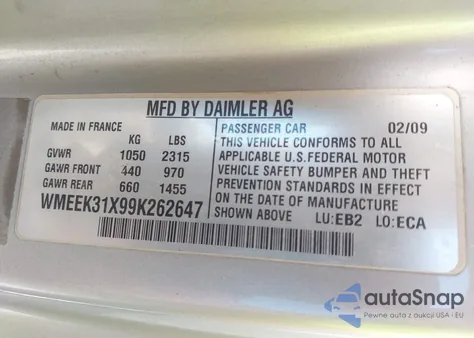 2009 Smart Fortwo Brabus/Passion из США, поврежденный, VIN WMEEK31X99K262647